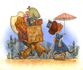 Cowboy Moving Day.  Funny characters in funny scenes.  Humorous illustration by Jim Harris from the children’s book ‘Slim and Miss Prim.’ 